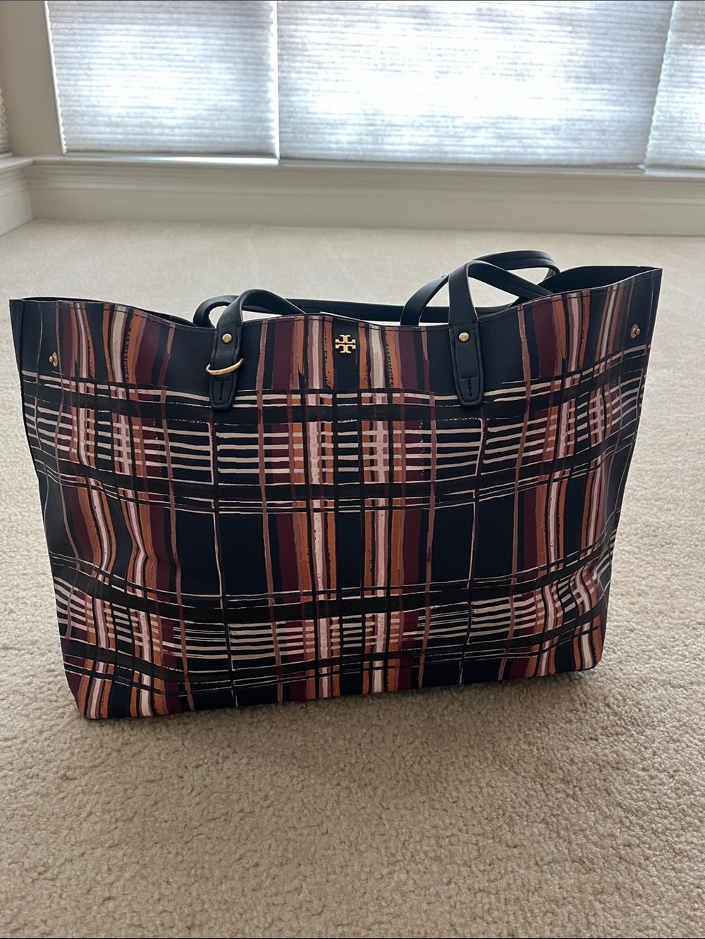 Tory Burch Black Tote with Multicolor Plaid Stripe